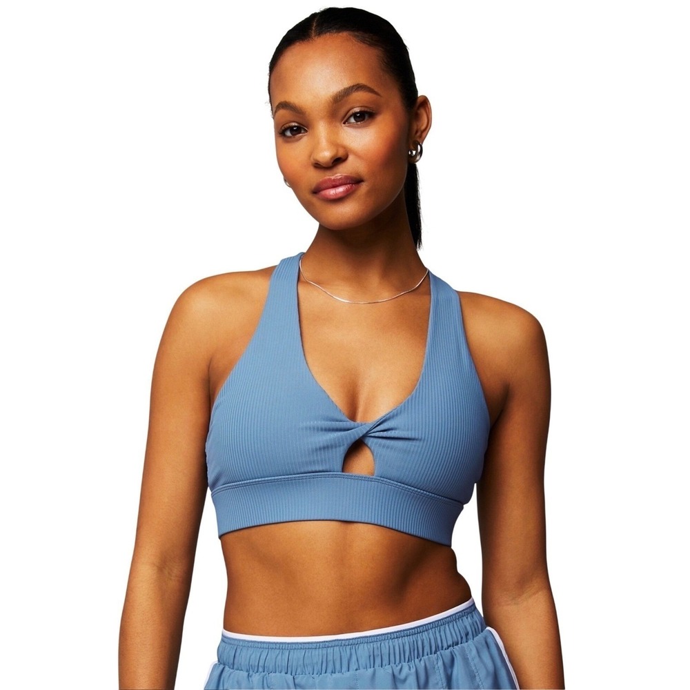 Fabletics Ribbed Twist Front Sports Bra Blue Yoga Workout Athleisure Size L